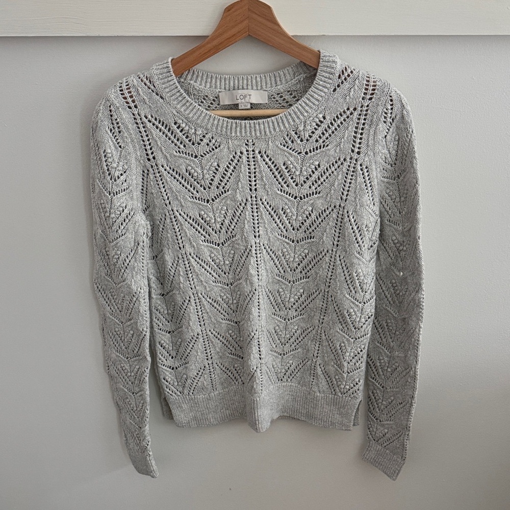 LOFT Women’s Pointelle Knit Sweater Light Gray Cotton Blend Lightweight Size S